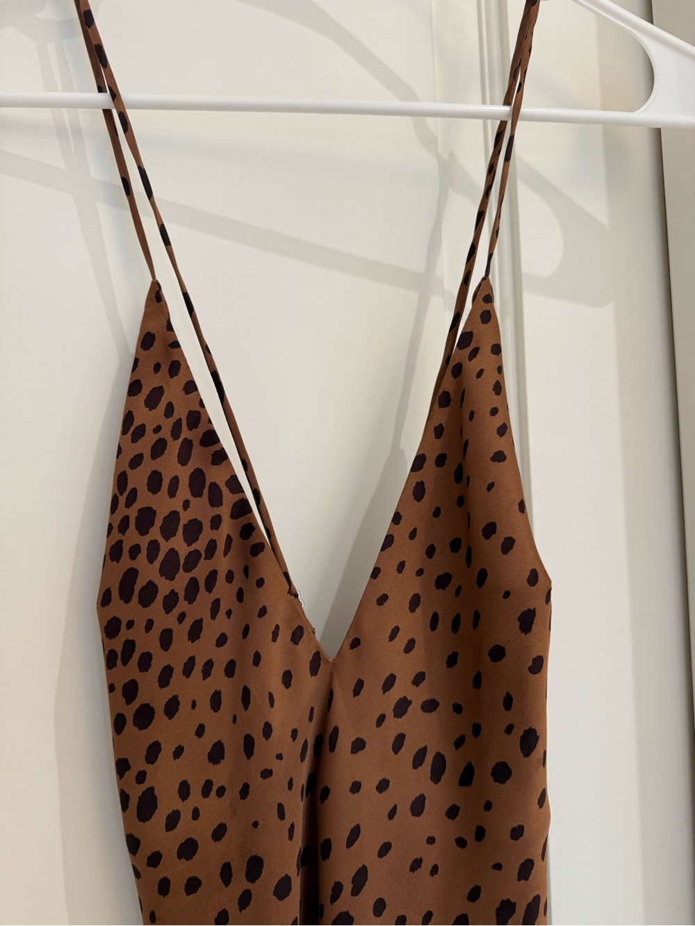 Wilfred Brown Leopard-Spot Satin Slip Dress with Thin Straps